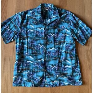 Vtg Evergreen Island Hawaiian Button Shirt Adult Mens XL Blue Palm Trees Waves